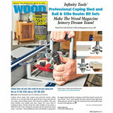 Woodworker using coping sled and rail and stile router bit set on router table with close-up bit diagrams